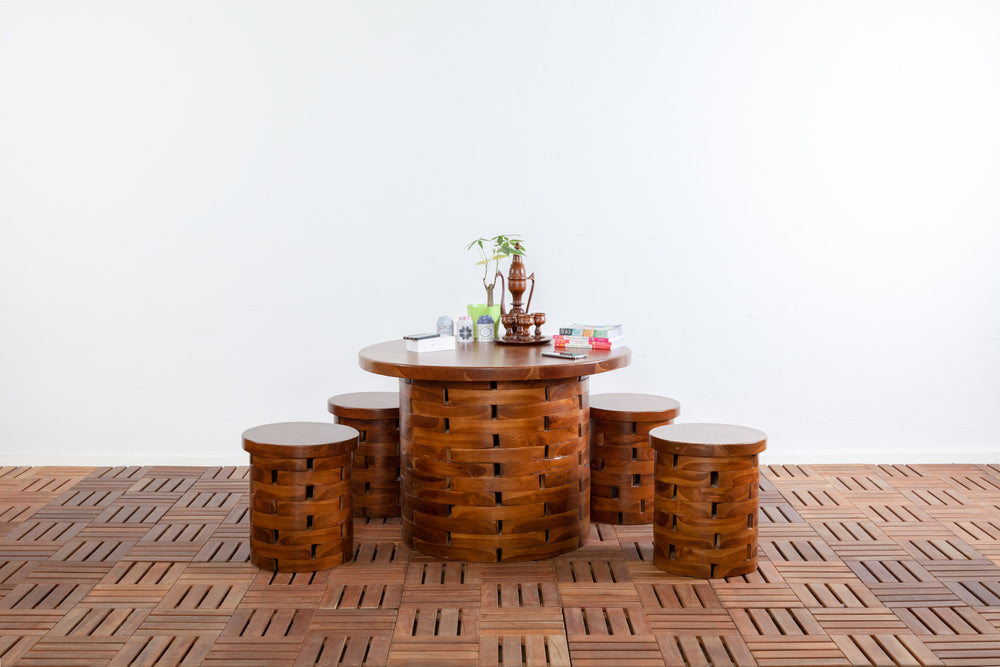 Round Tree Hollow Woven Stool Set